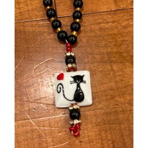 Cat-Themed Glass Beaded Necklace With Whimsical Charm 17"